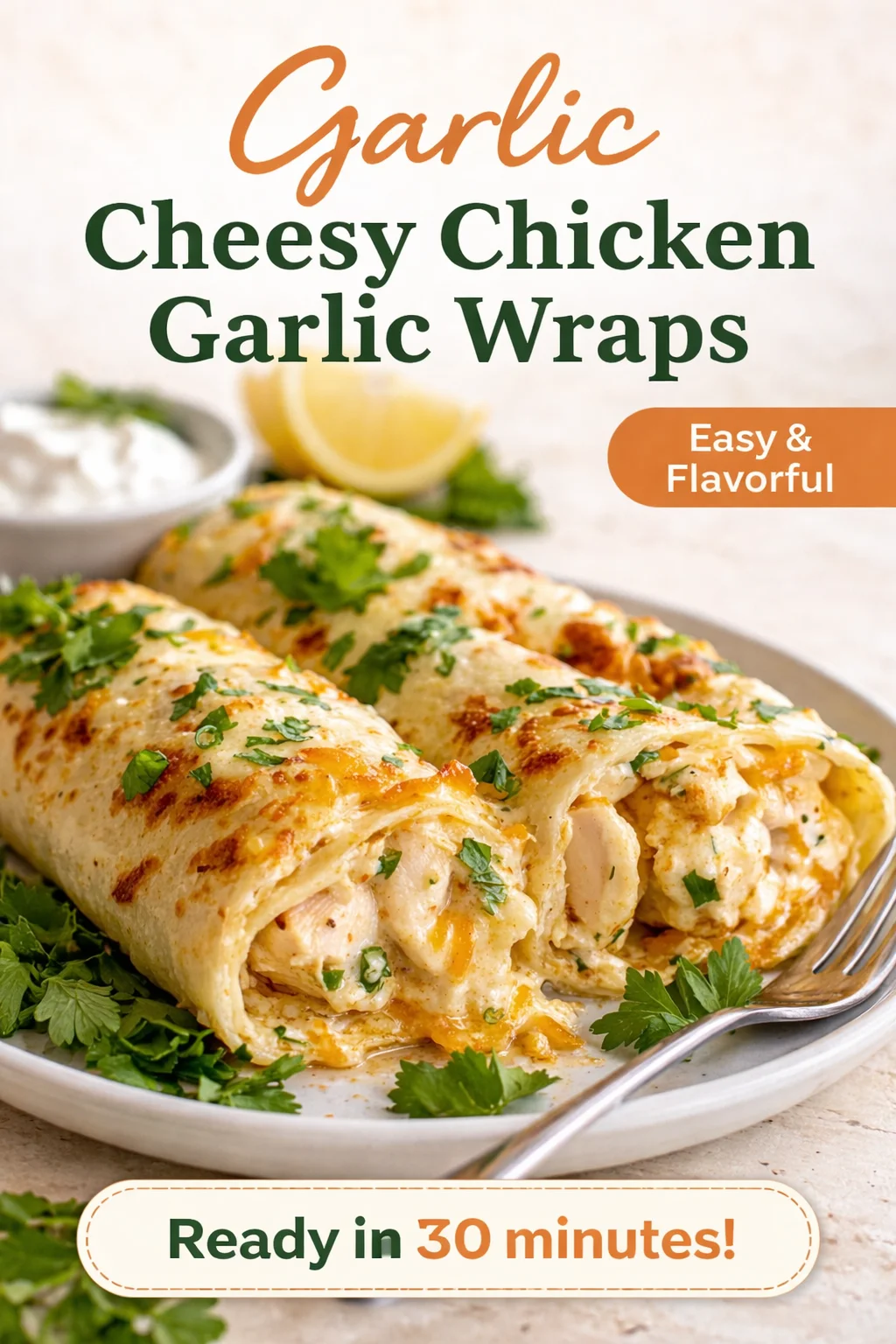 Cheesy chicken garlic wraps on a plate, garnished with herbs.