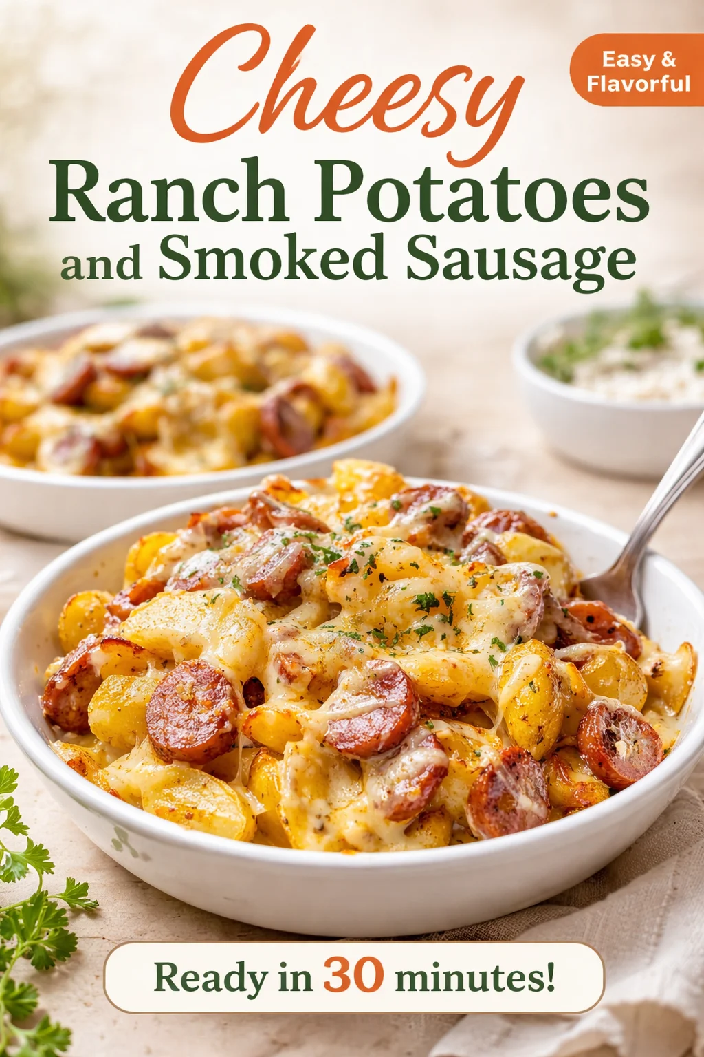 Cheesy Ranch Potatoes with Smoked Sausage in a baking dish, garnished with herbs.