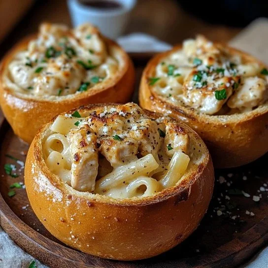 Chicken Alfredo Garlic Bread Bowls
