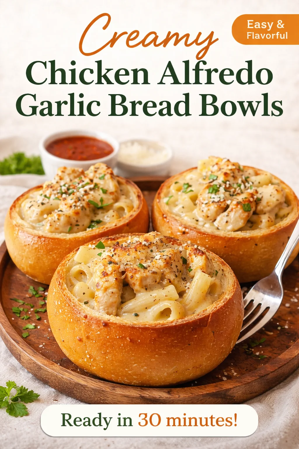 Chicken Alfredo Garlic Bread Bowls