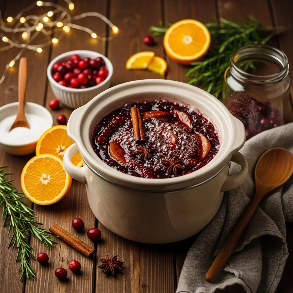 Homemade Christmas Jam in a jar with festive decorations