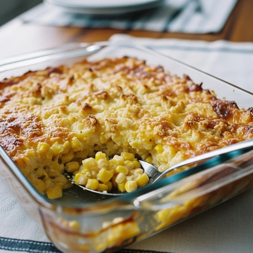 Corn Casserole 4 Delicious homemade corn casserole baked and served in a dish.