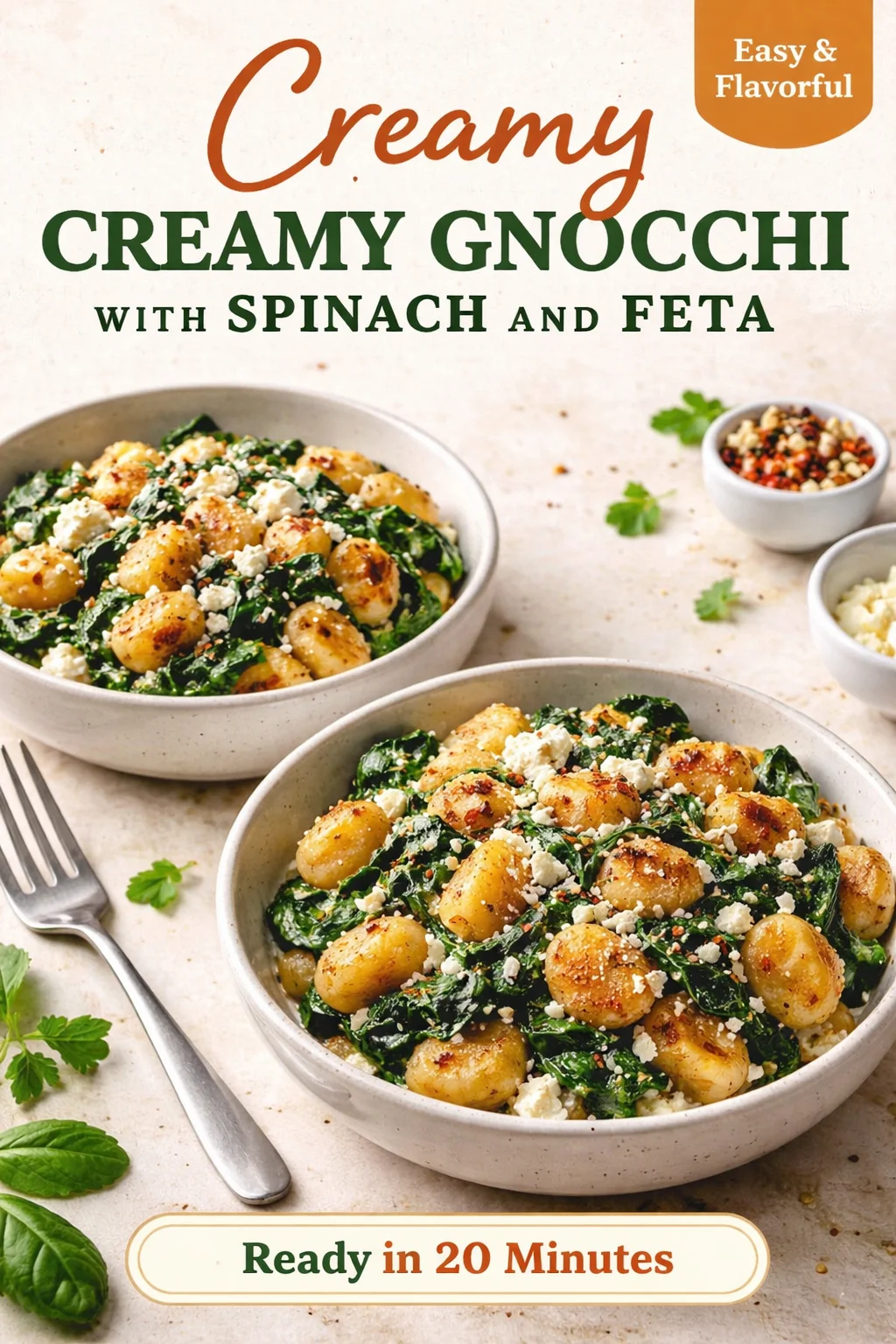 Creamy gnocchi with spinach and feta ready to serve