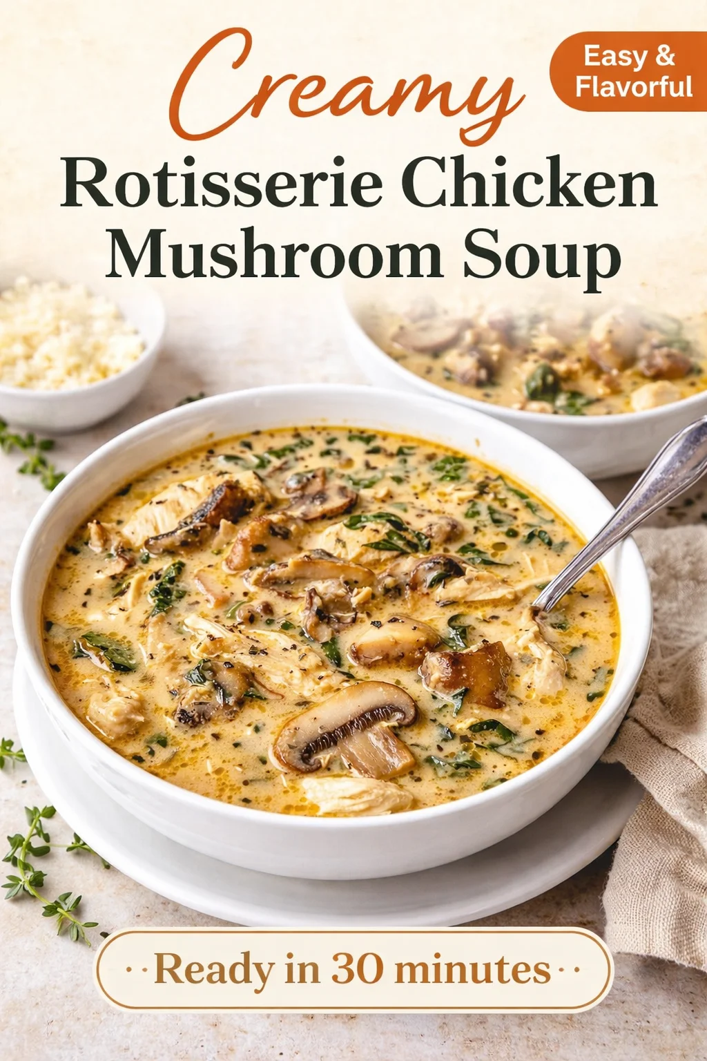 Bowl of creamy rotisserie chicken mushroom soup garnished with herbs.