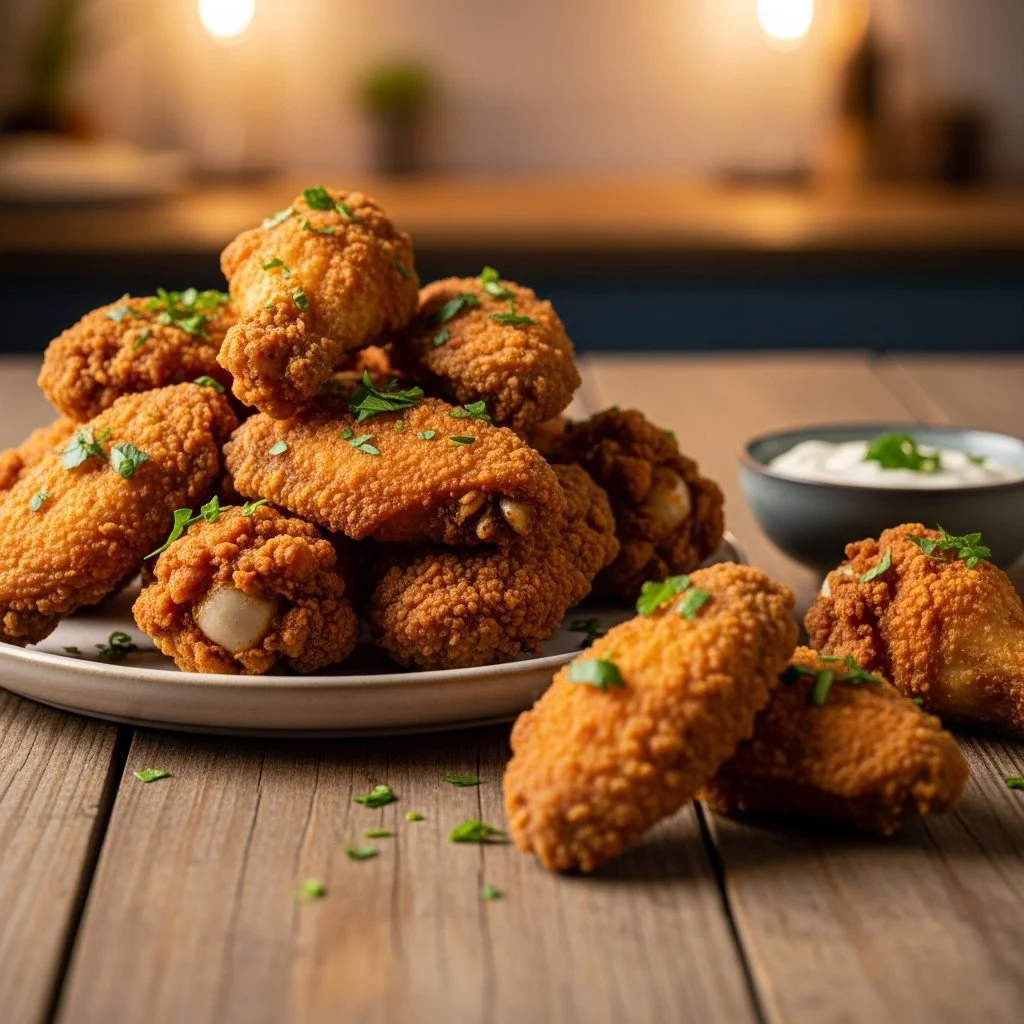 Crispy air fryer chicken wings served on a plate with dipping sauce