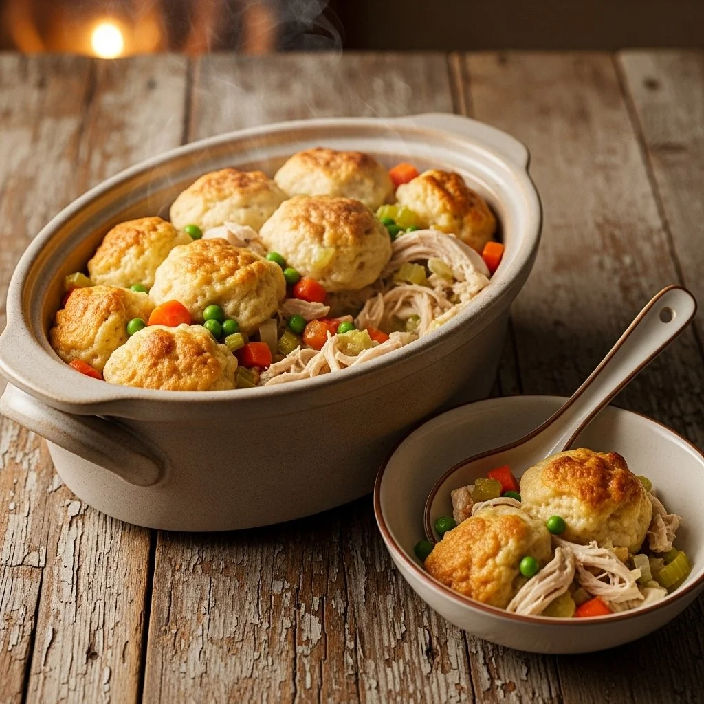 Bowl of delicious Crock Pot Chicken and Dumplings served with fresh herbs