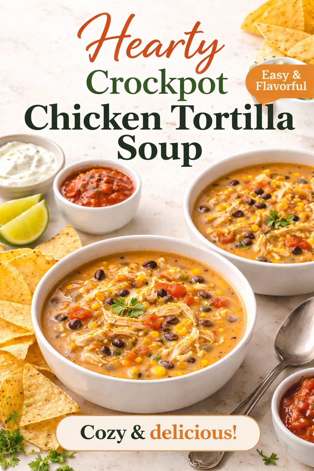Bowl of Crockpot Chicken Tortilla Soup garnished with tortilla strips and cilantro