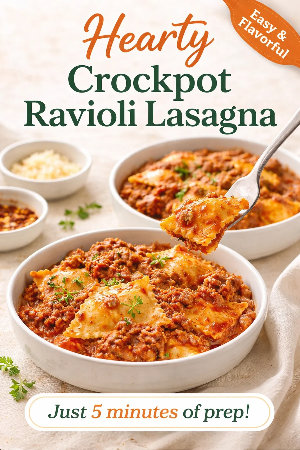Delicious Crockpot Ravioli Lasagna layered with cheese and marinara sauce