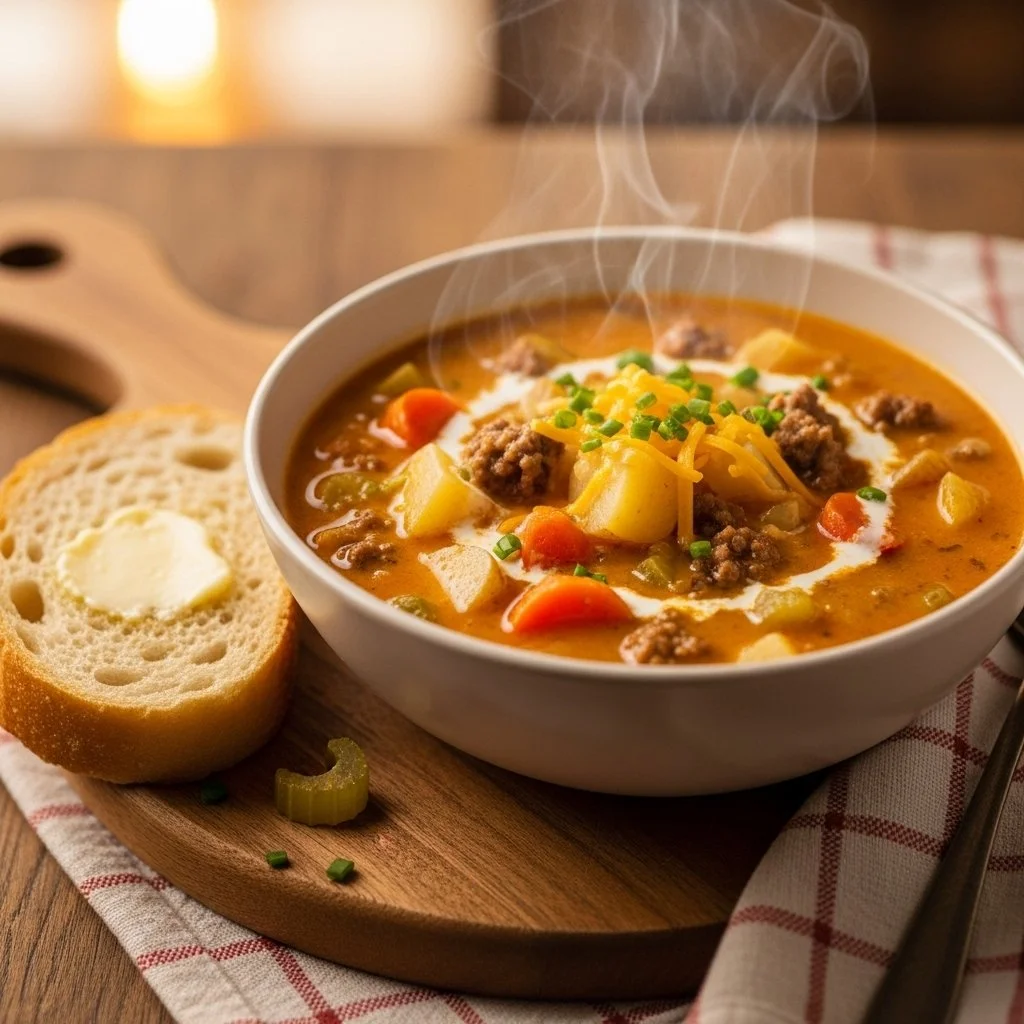 Bowl of Easy Cheesy Hamburger Potato Soup topped with cheese and herbs