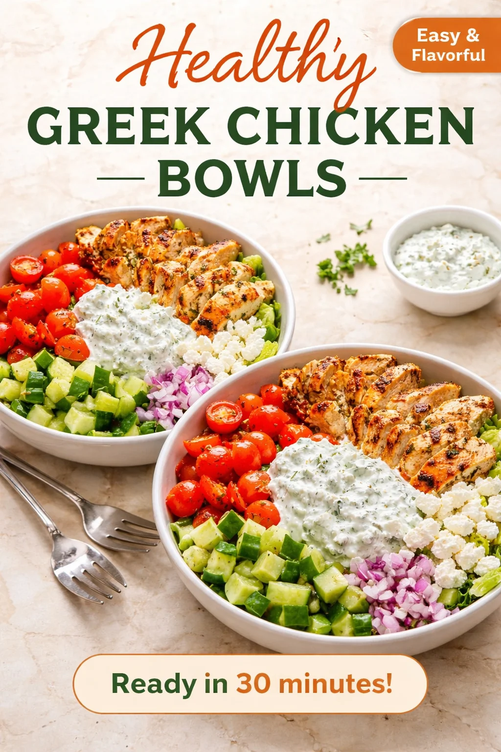 A vibrant Greek chicken bowl with grilled chicken, vegetables, and tzatziki sauce.