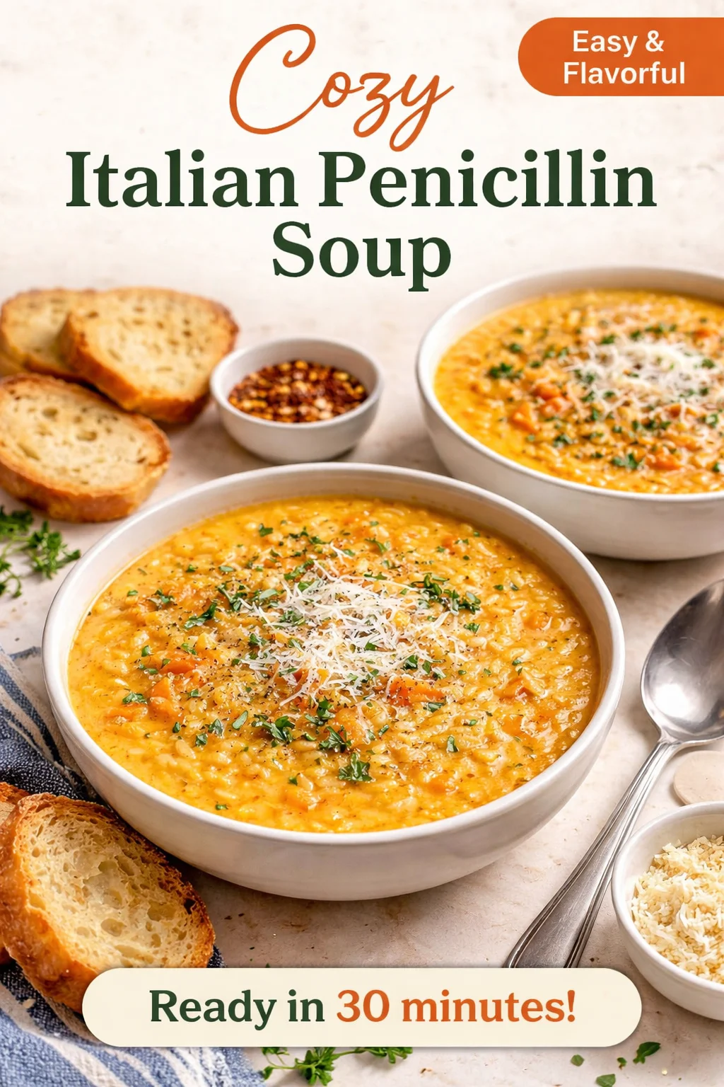 Bowl of Italian Penicillin Soup with fresh herbs and vegetables