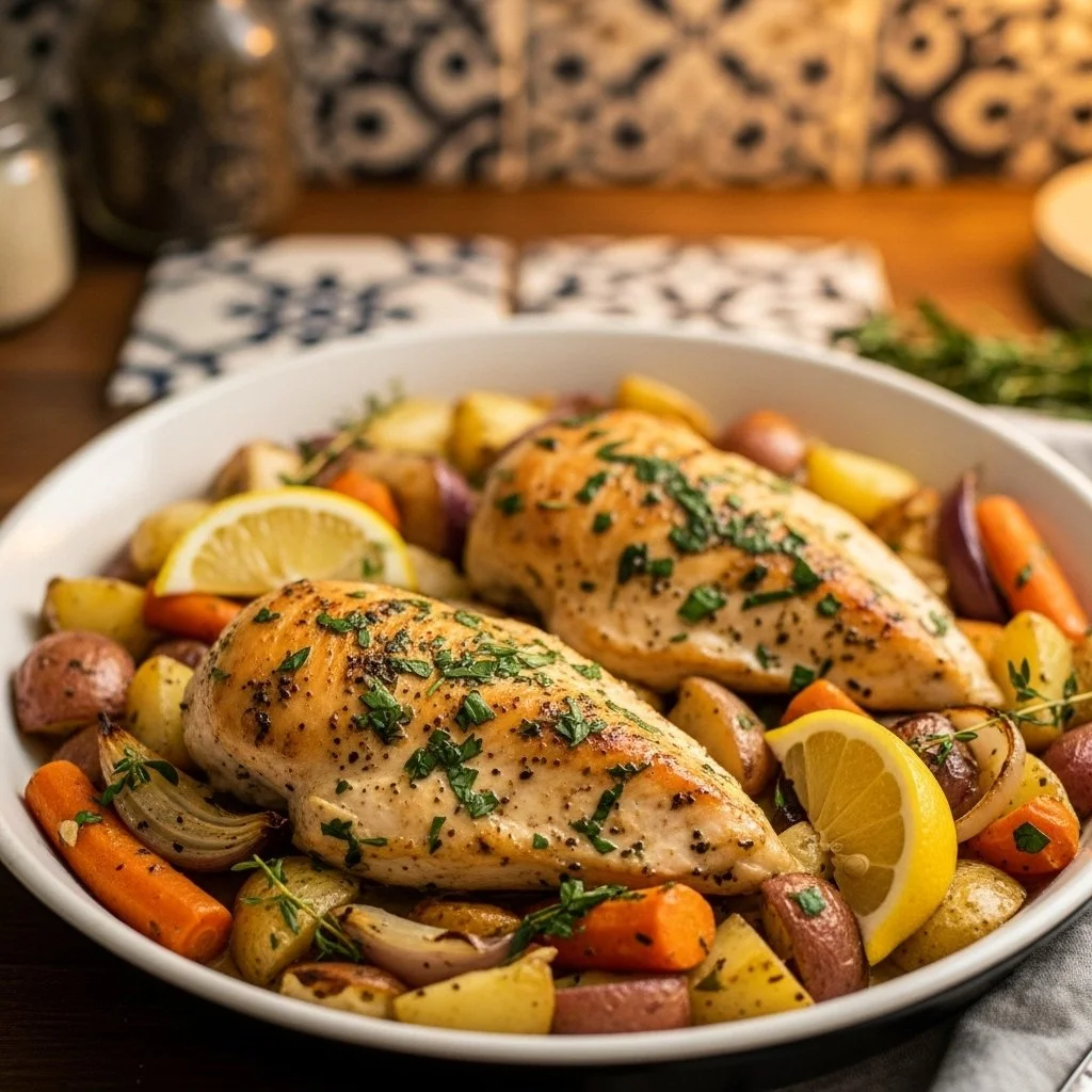 Juicy Lemon Herb Chicken Breasts 4 Juicy lemon herb chicken breasts garnished with fresh herbs and lemon slices