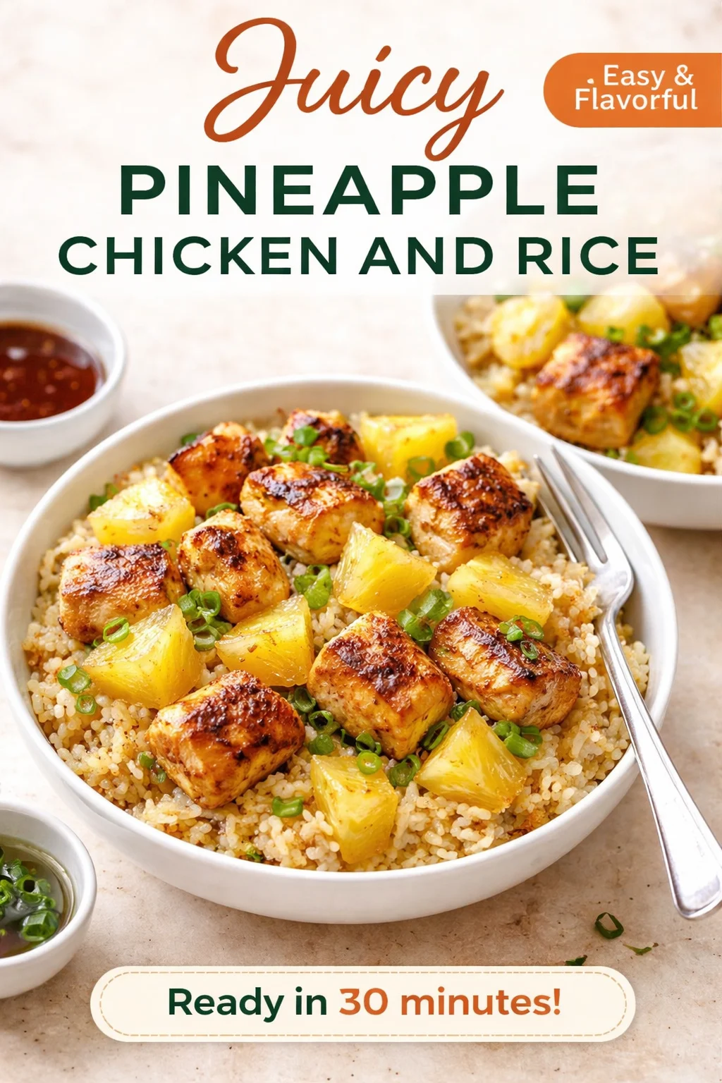 Served dish of pineapple chicken and rice garnished with fresh herbs.