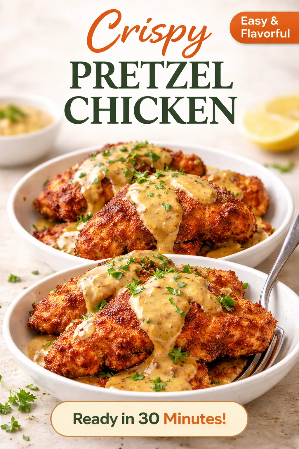 Crispy Pretzel Chicken served with dipping sauce
