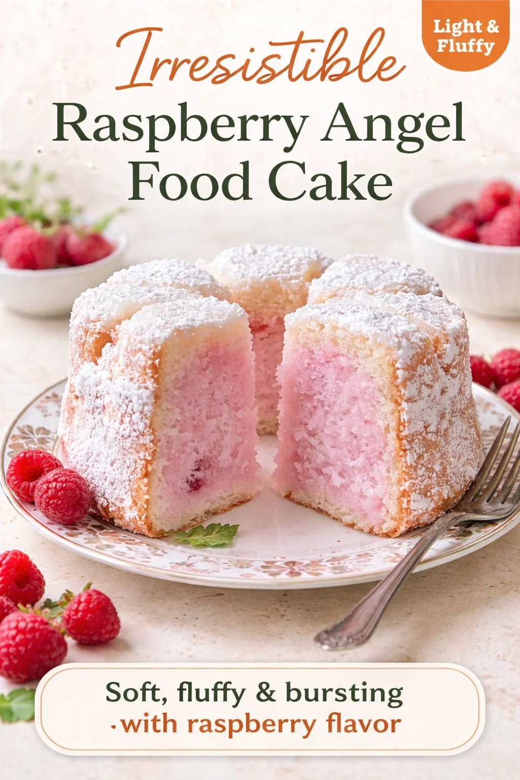 Raspberry Angel Food Cake topped with fresh raspberries and whipped cream