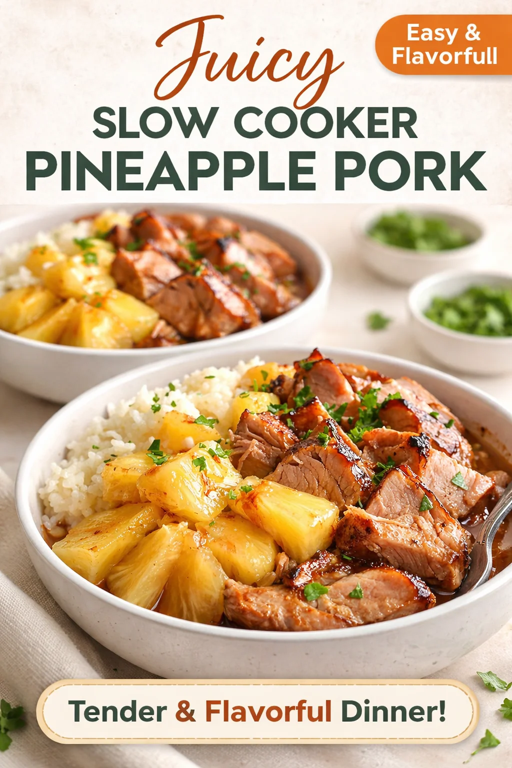 Slow Cooker Pineapple Pork dish served with rice and garnished with herbs