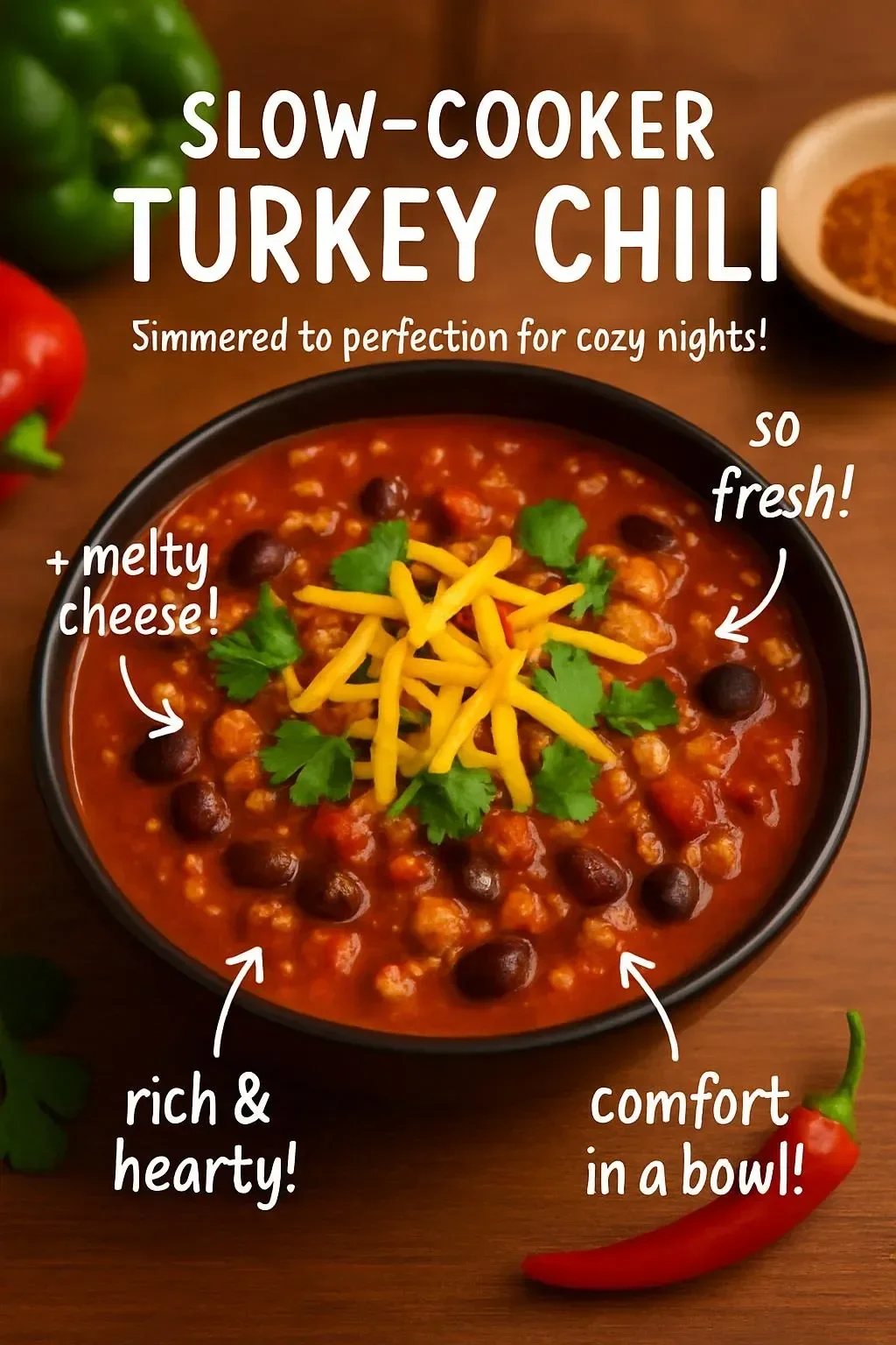 Bowl of slow-cooker turkey chili topped with fresh herbs and avocado