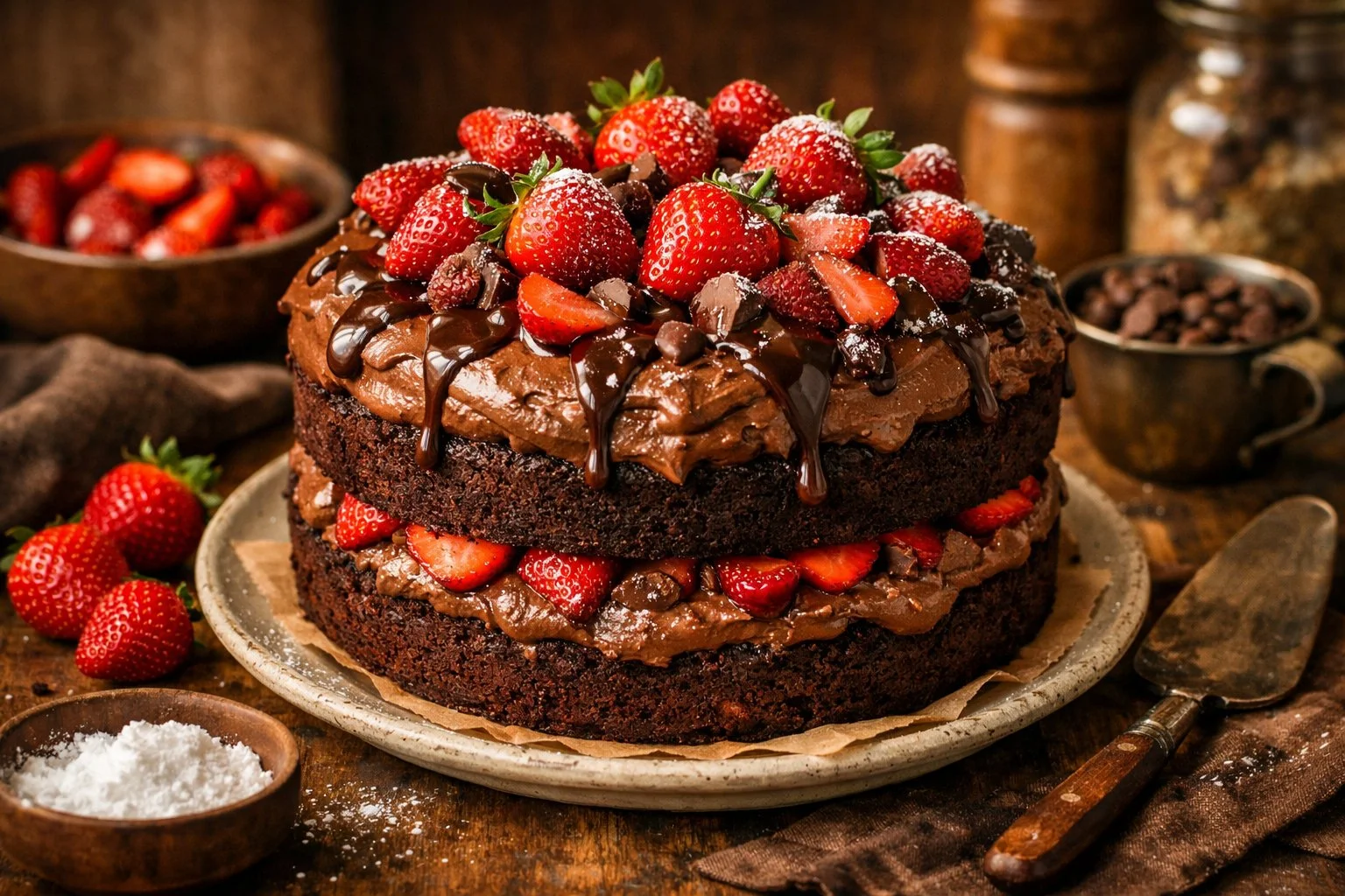 Delicious Strawberry Chocolate Cake topped with fresh strawberries and chocolate drizzle.