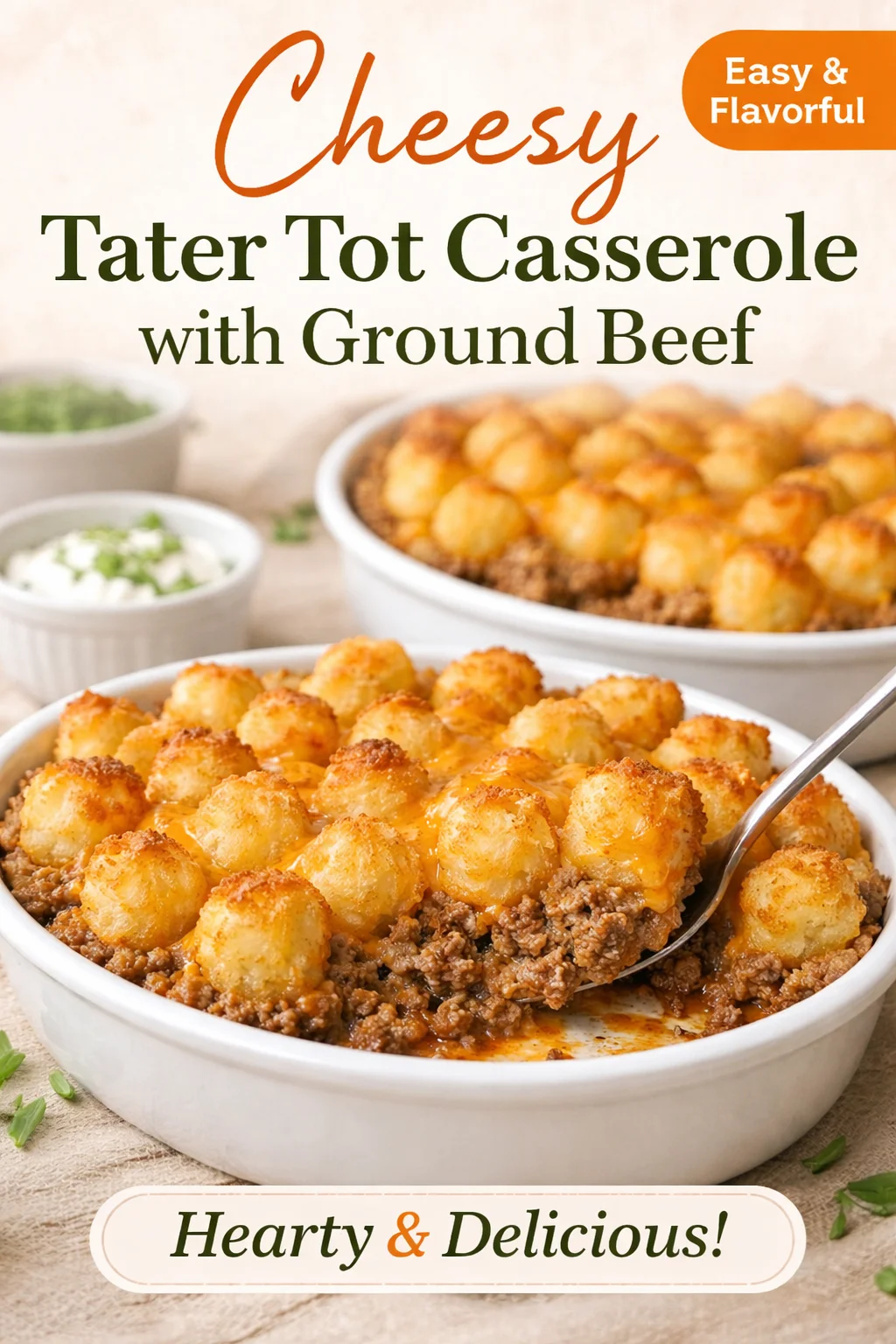 Delicious tater tot casserole with ground beef topped with melted cheese