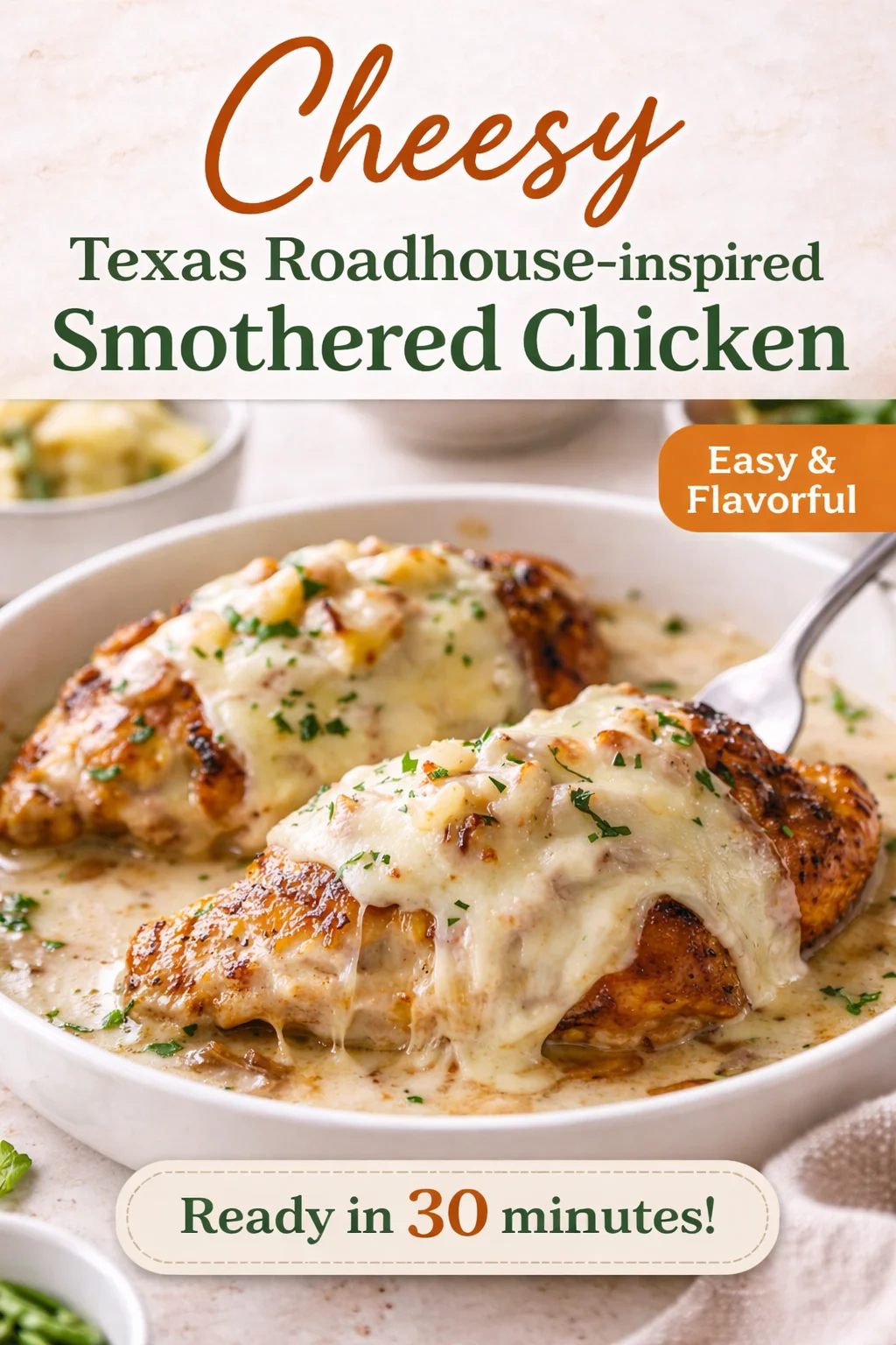 Delicious Texas Roadhouse-inspired smothered chicken topped with savory sauce