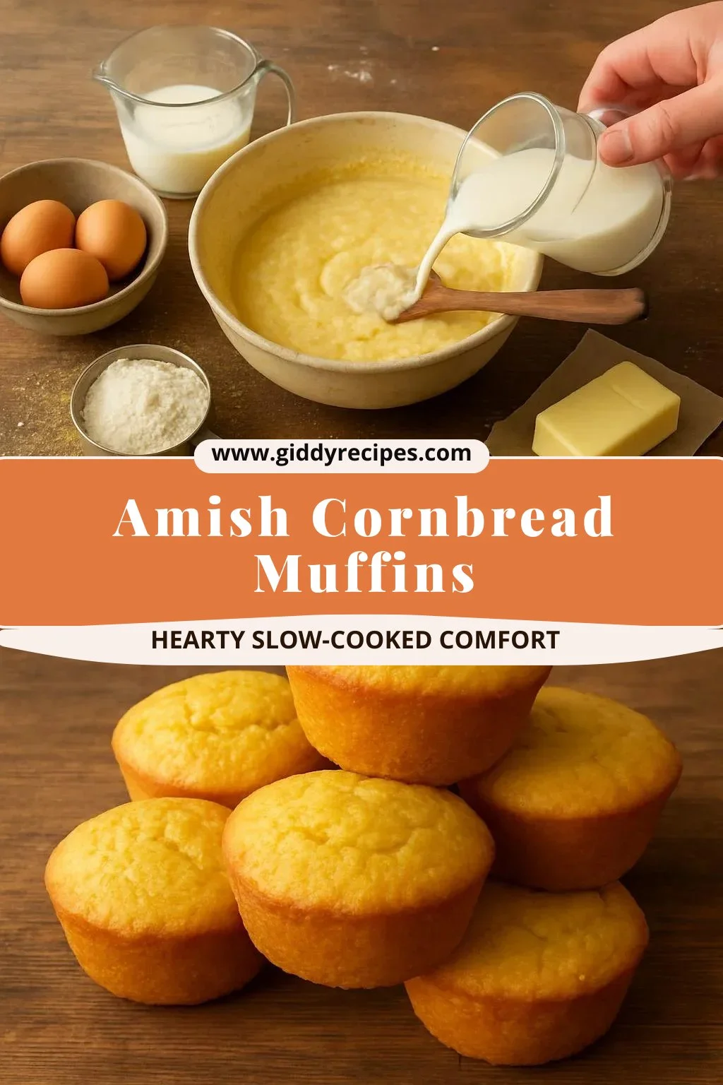 Freshly baked Amish Cornbread Muffins on a rustic wooden table