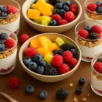 A beautifully arranged breakfast charcuterie board with fruits, cheeses, and pastries.