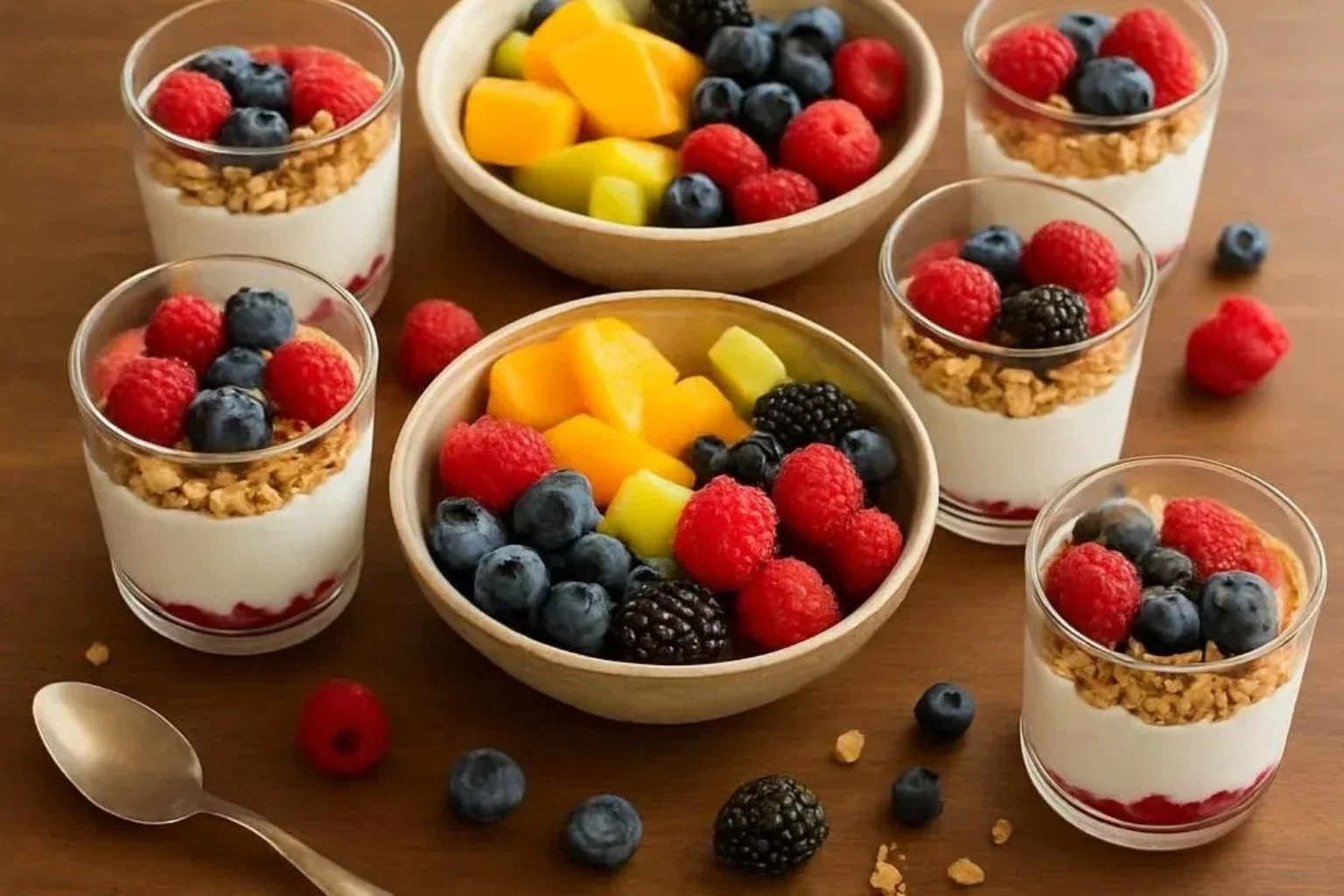 A beautifully arranged breakfast charcuterie board with fruits, cheeses, and pastries.