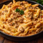 Bowl of creamy beef pasta garnished with herbs and cheese
