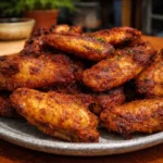Crispy baked chicken wings garnished with herbs on a serving platter
