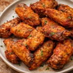 Oven wings arranged on a plate, seasoned and ready to serve.
