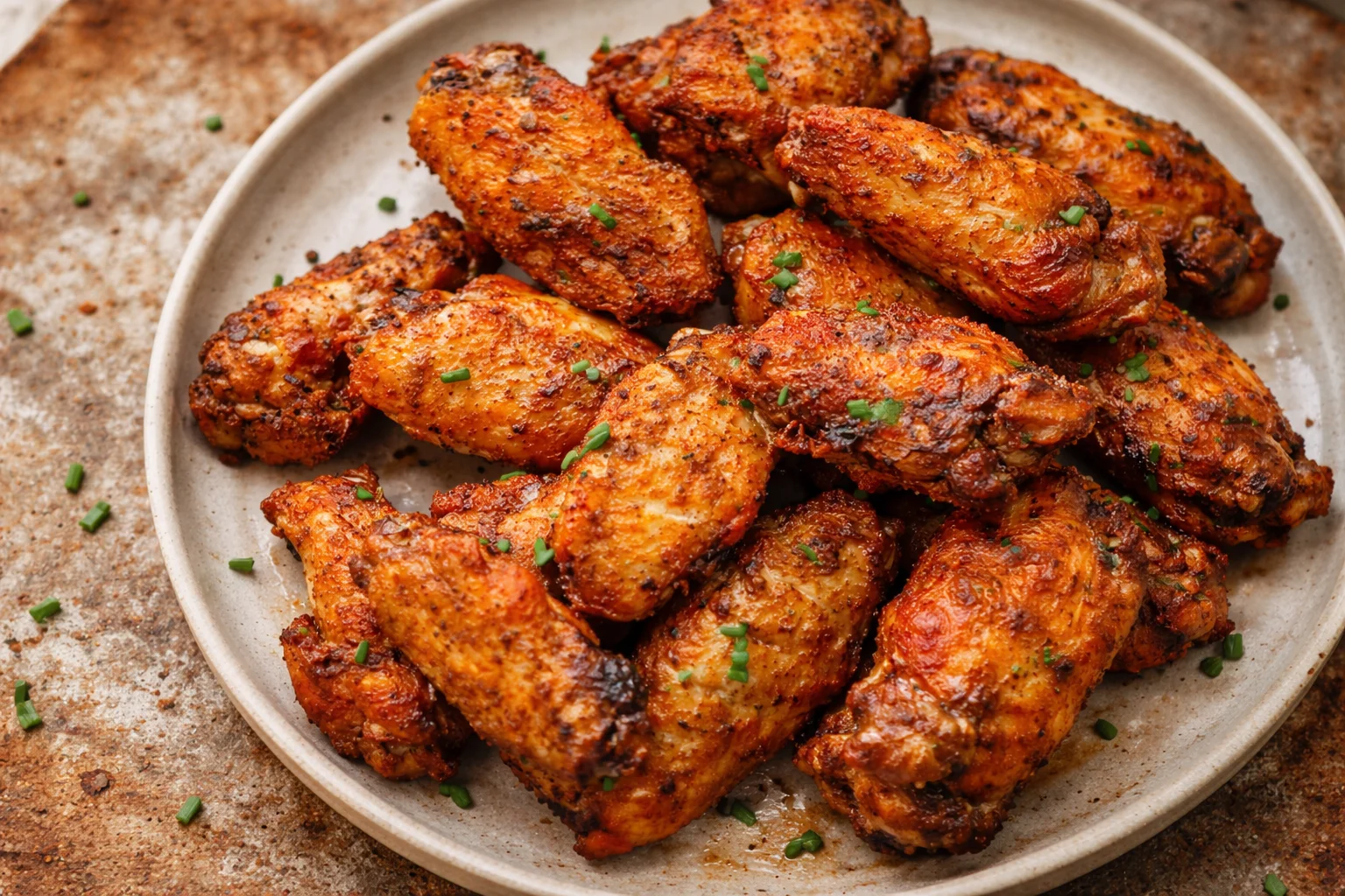 Oven wings arranged on a plate, seasoned and ready to serve.