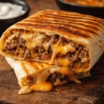 Delicious grilled cheese burrito with melty cheese and crispy tortilla wrap.