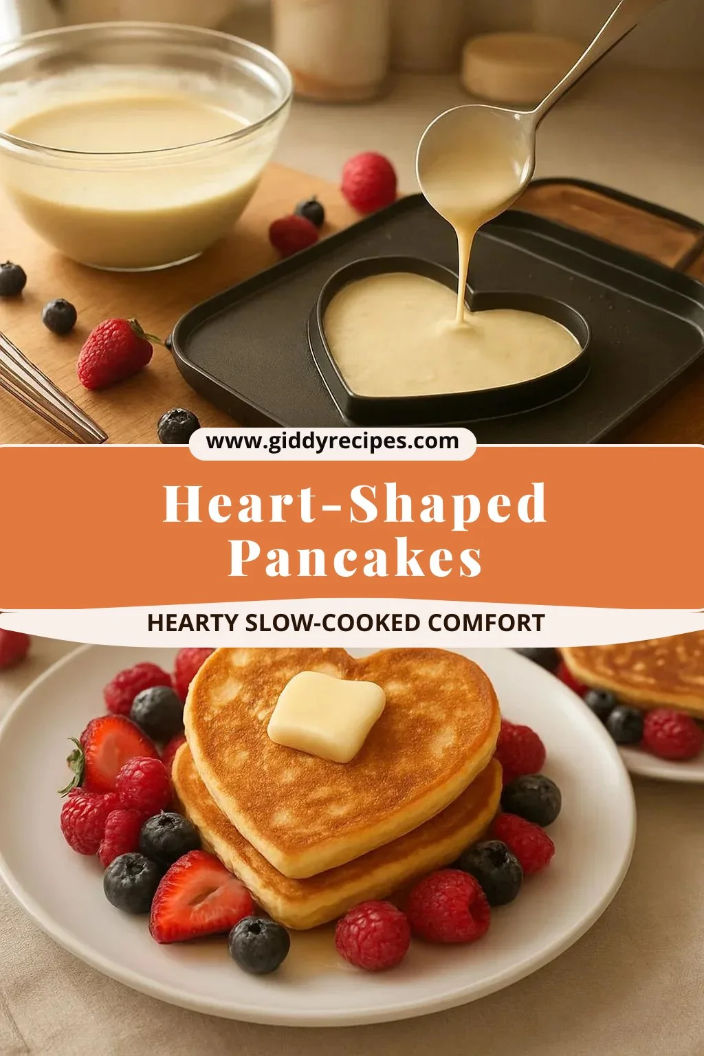Heart-shaped pancakes stacked and drizzled with syrup on a plate