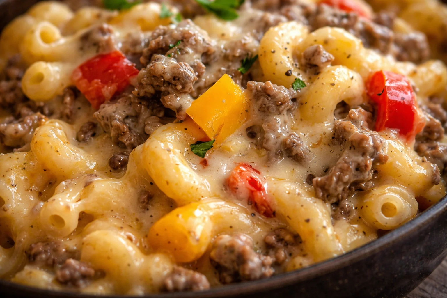 Delicious creamy Philly cheesesteak mac and cheese topped with meat and cheese.