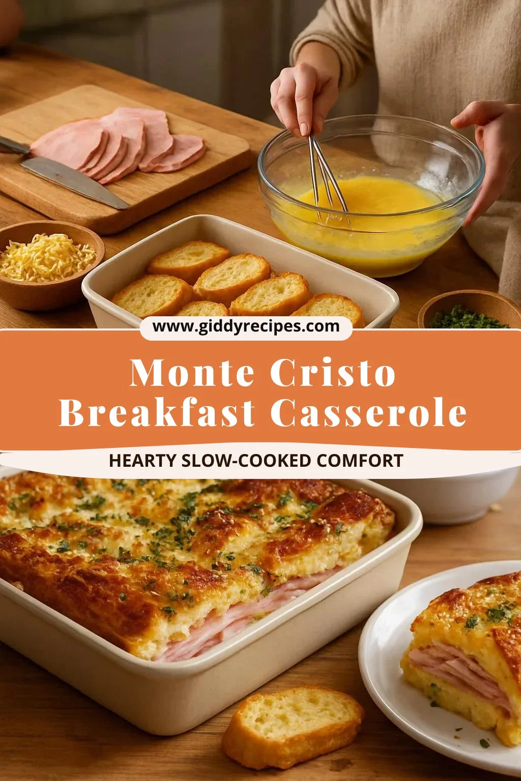 Delicious Monte Cristo Breakfast Casserole topped with cheese and herbs.