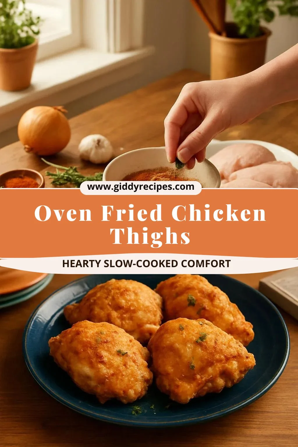 Oven fried chicken thighs crispy and seasoned, served with side dishes