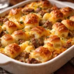 Overnight croissant breakfast casserole ready to serve for brunch