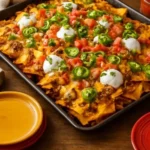 Delicious Sheet Pan Nachos topped with cheese, jalapeños, and salsa on a baking sheet.