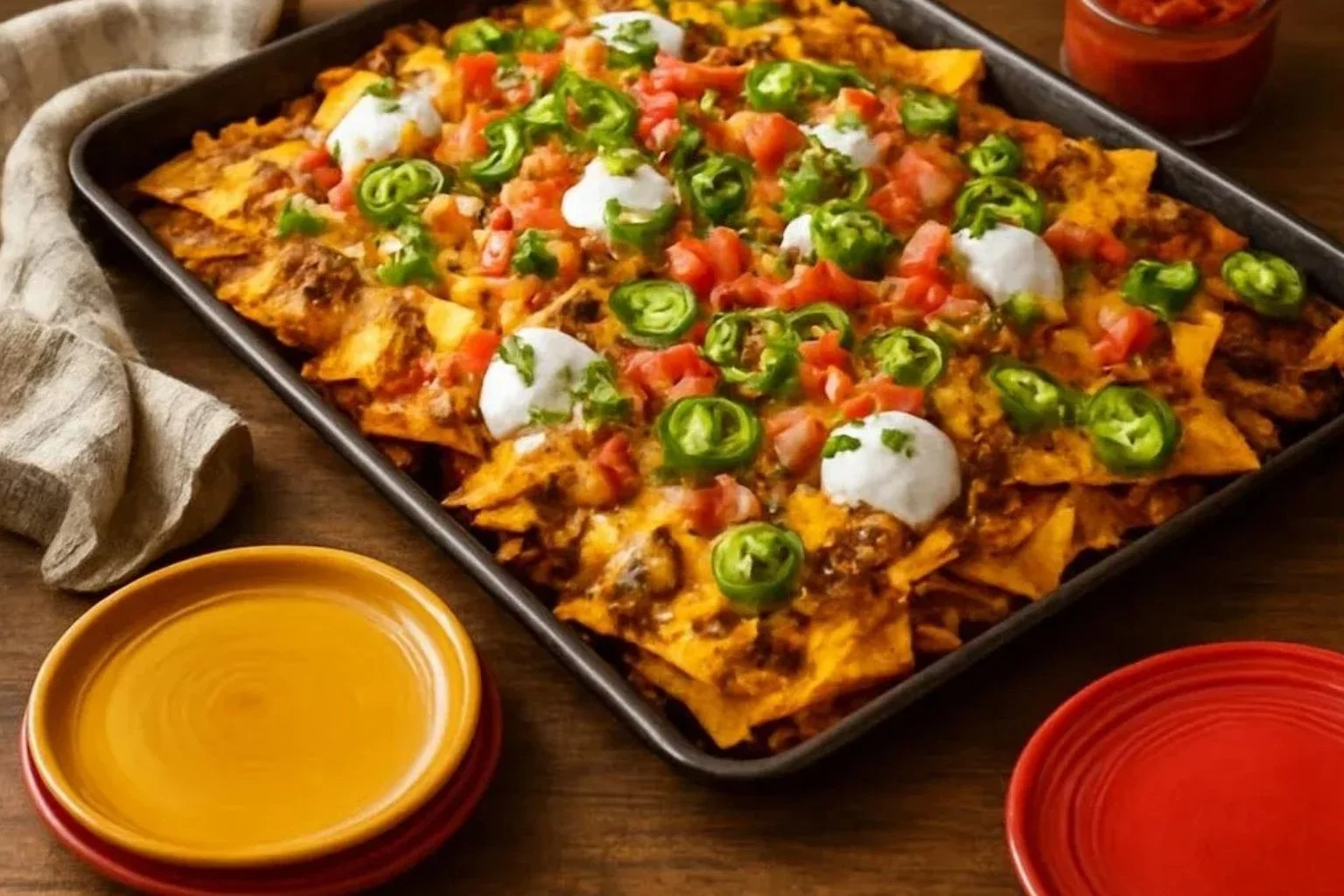 Delicious Sheet Pan Nachos topped with cheese, jalapeños, and salsa on a baking sheet.