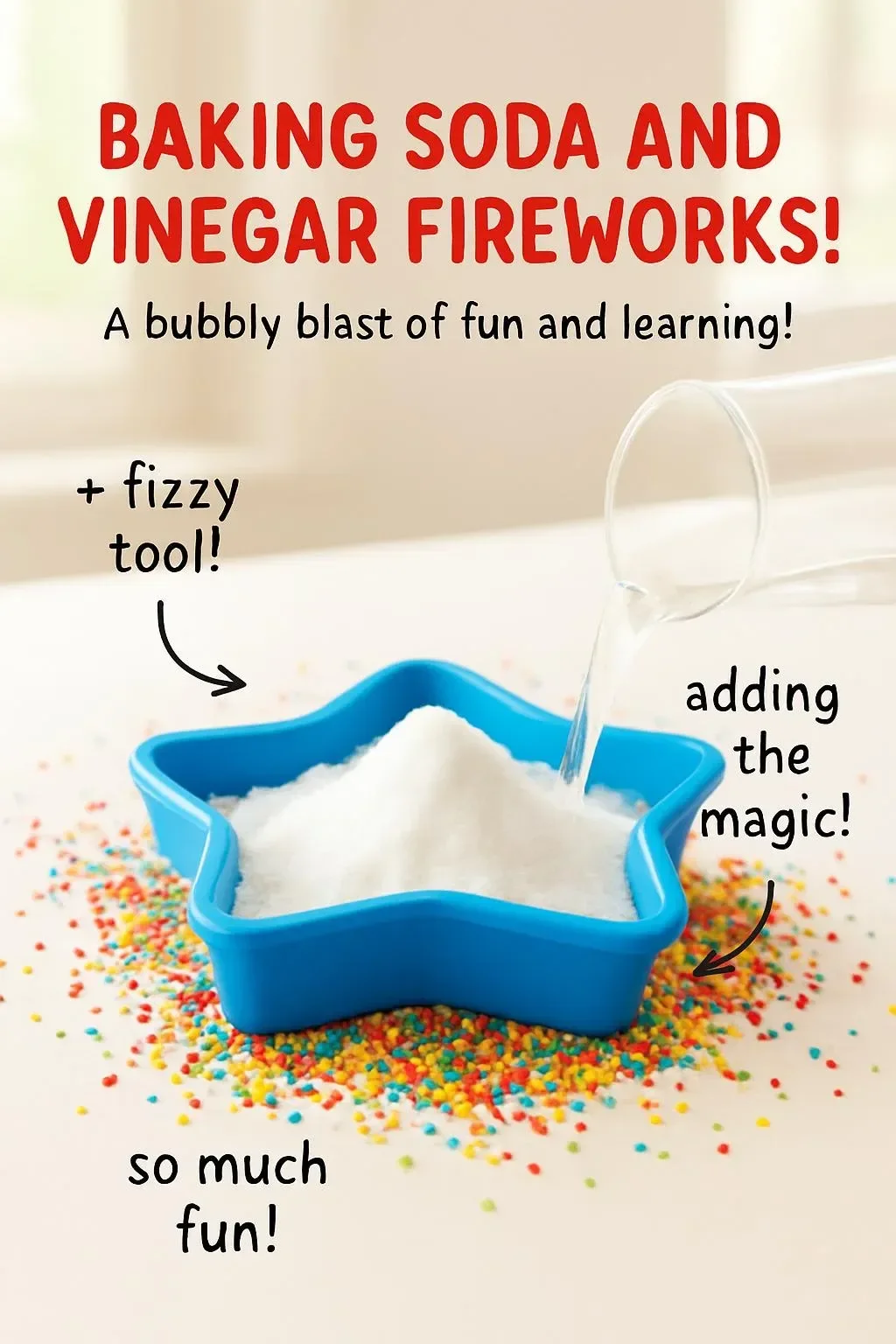 Baking soda and vinegar reaction demonstrated as fireworks in a colorful display.