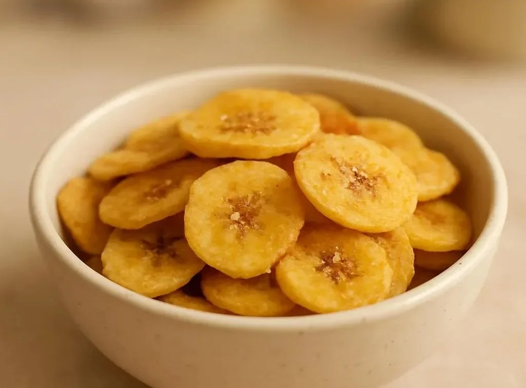 Bowl of crispy banana chips on a wooden table