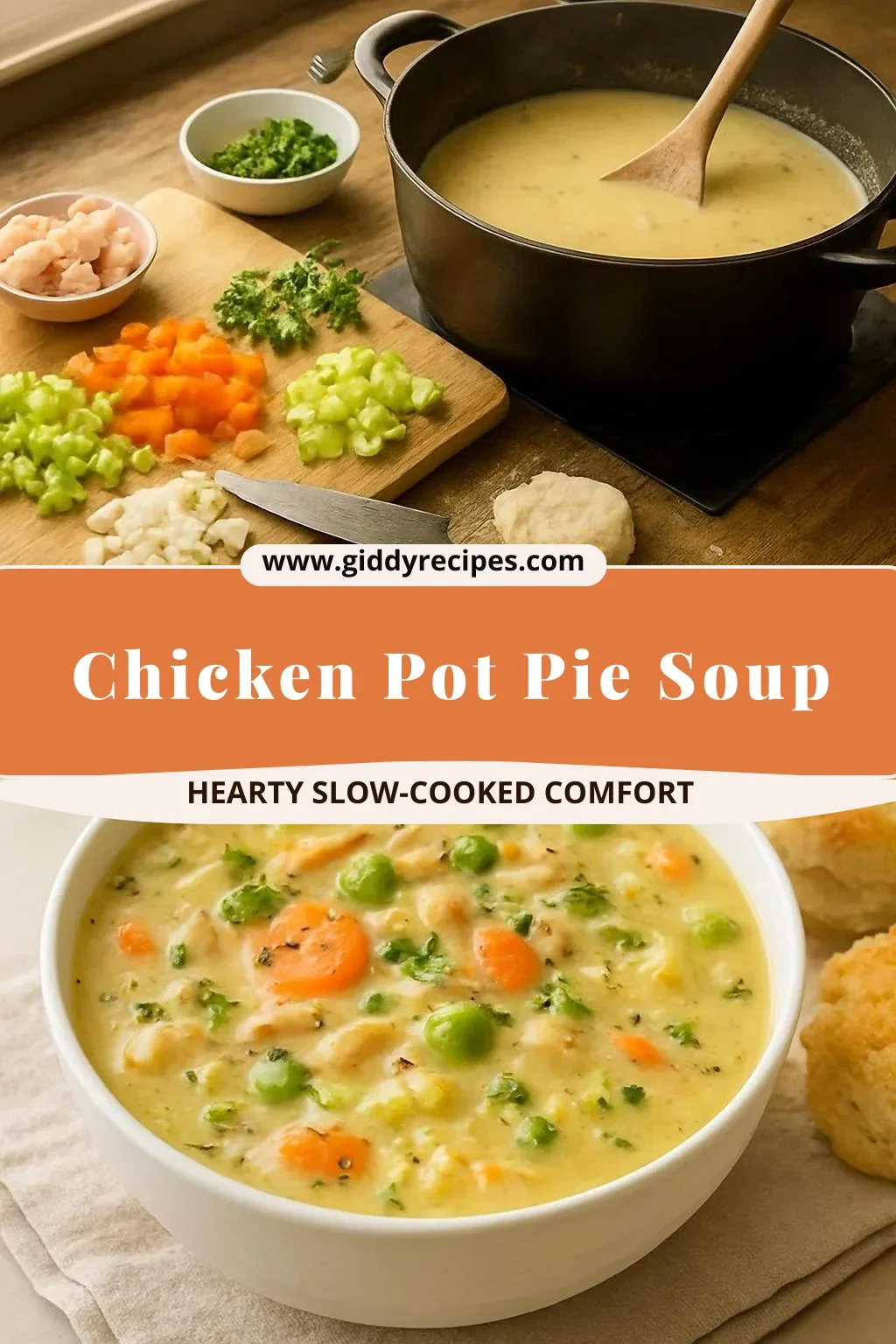 Delicious Chicken Pot Pie Soup in a bowl, garnished with fresh herbs.