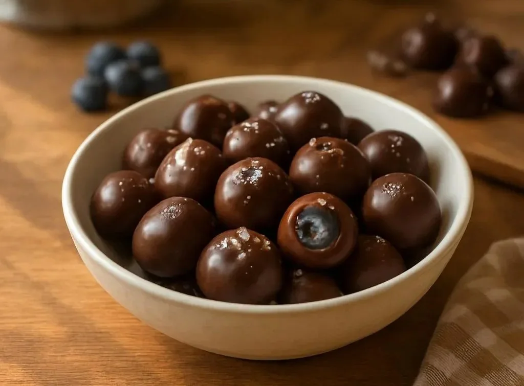 Delicious chocolate covered blueberries on a white plate