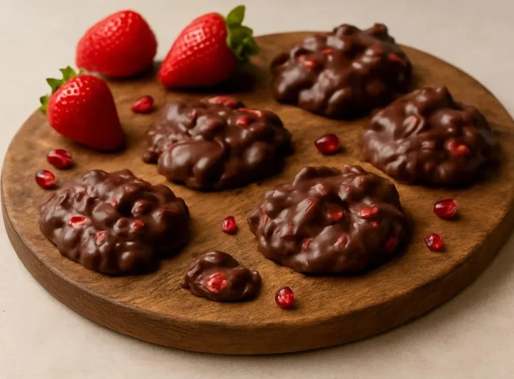 Chocolate Strawberry Yogurt Clusters with fresh strawberries and yogurt.