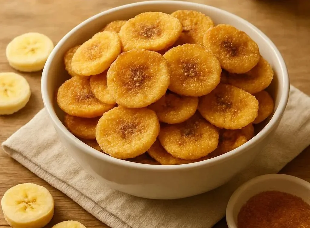 Cinnamon-sugar air fryer banana chips in a serving bowl