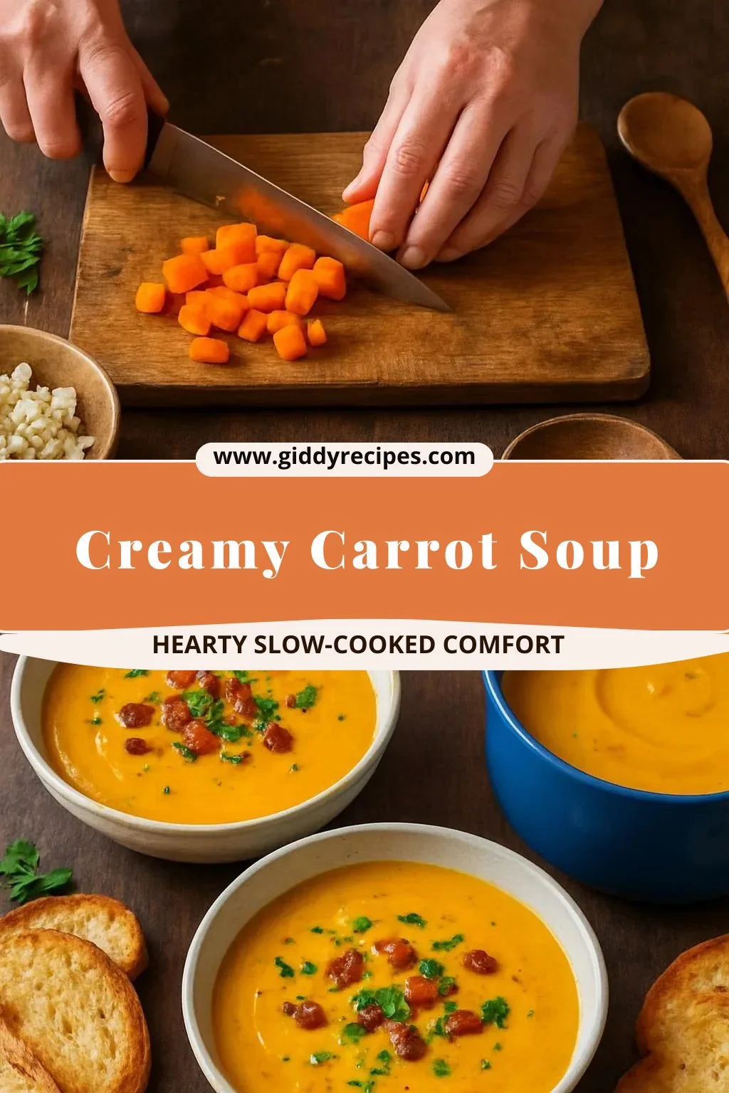 Bowl of creamy carrot soup garnished with herbs and served with bread