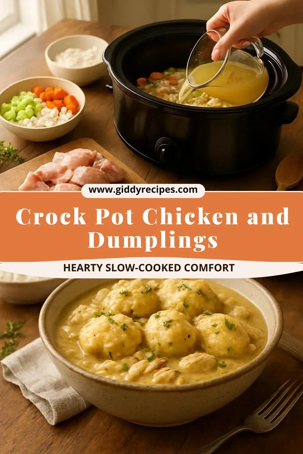 Crock Pot Chicken and Dumplings in a bowl, delicious comfort food