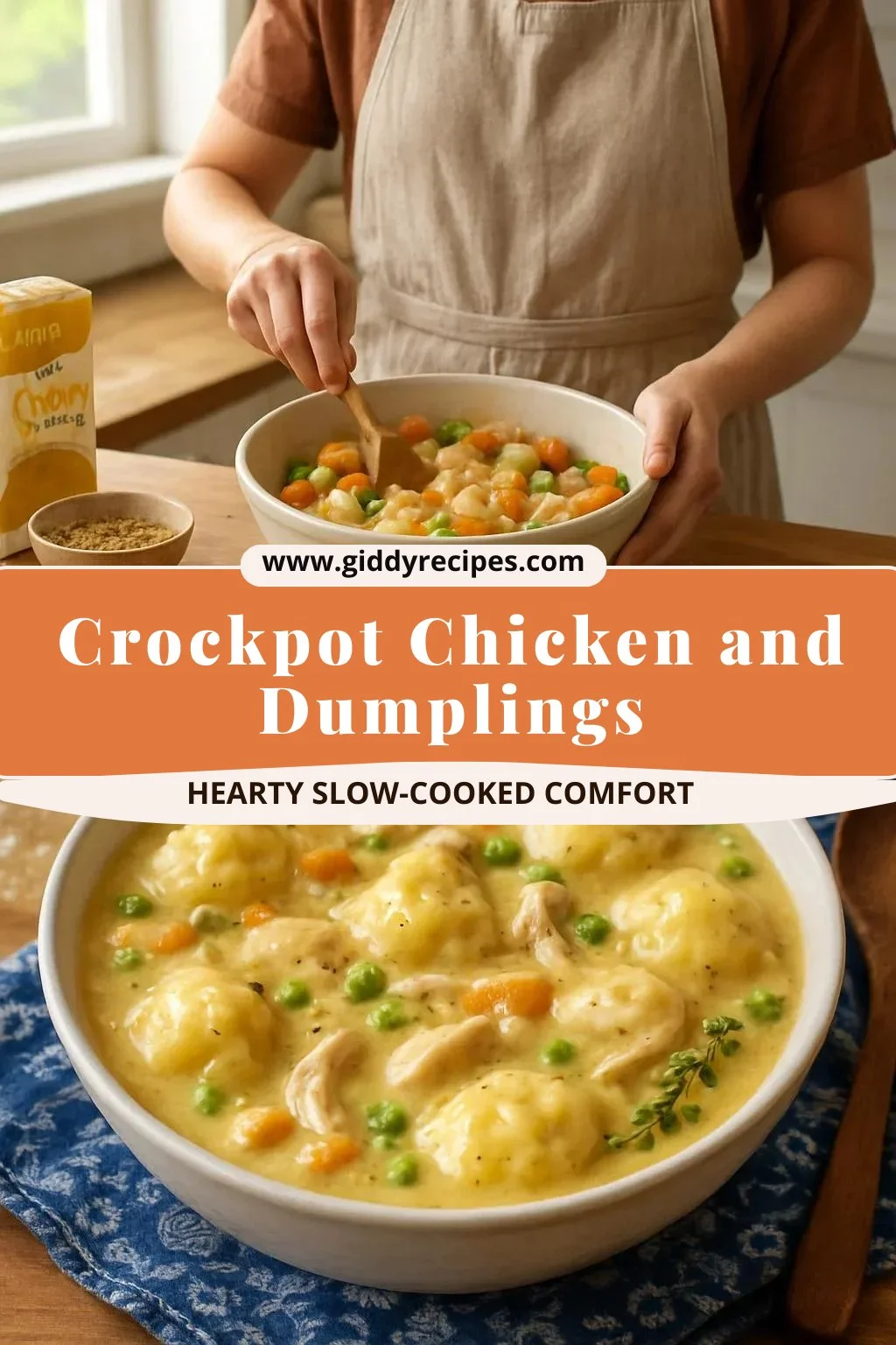 Delicious bowl of Crockpot Chicken and Dumplings ready to serve.