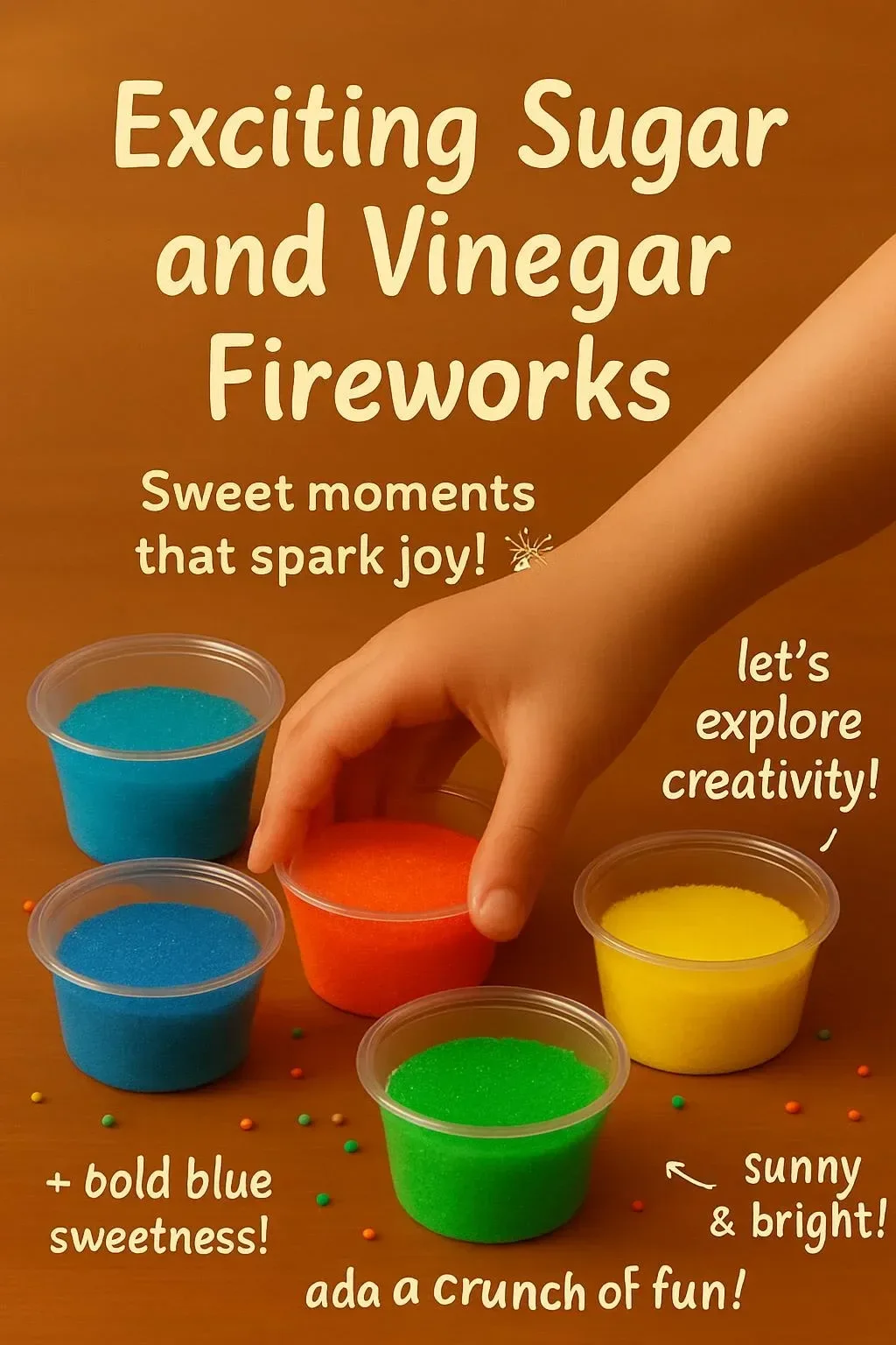 Vivid sugar and vinegar fireworks demonstration with colorful fizz and bubbles.