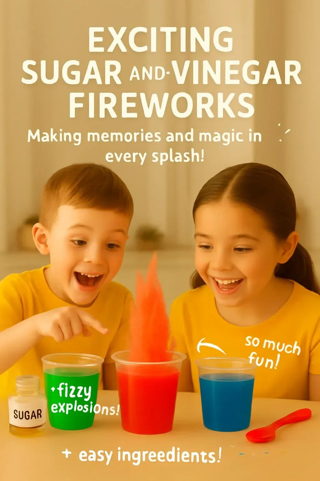 Sugar and vinegar fireworks with colorful bursts in a night sky